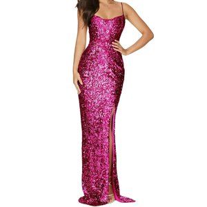 Nookie Confetti Sequin Maxi Formal Prom Gown NMJ1922 Cherry Size XS NWT
